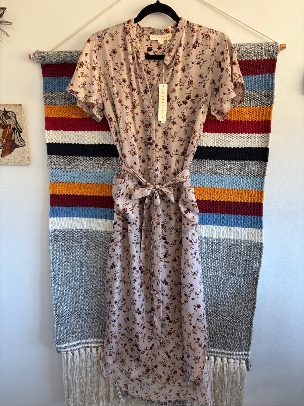 NWT Love Stitch Blush Floral Button Down Midi Dress with Purple & Brown Accents